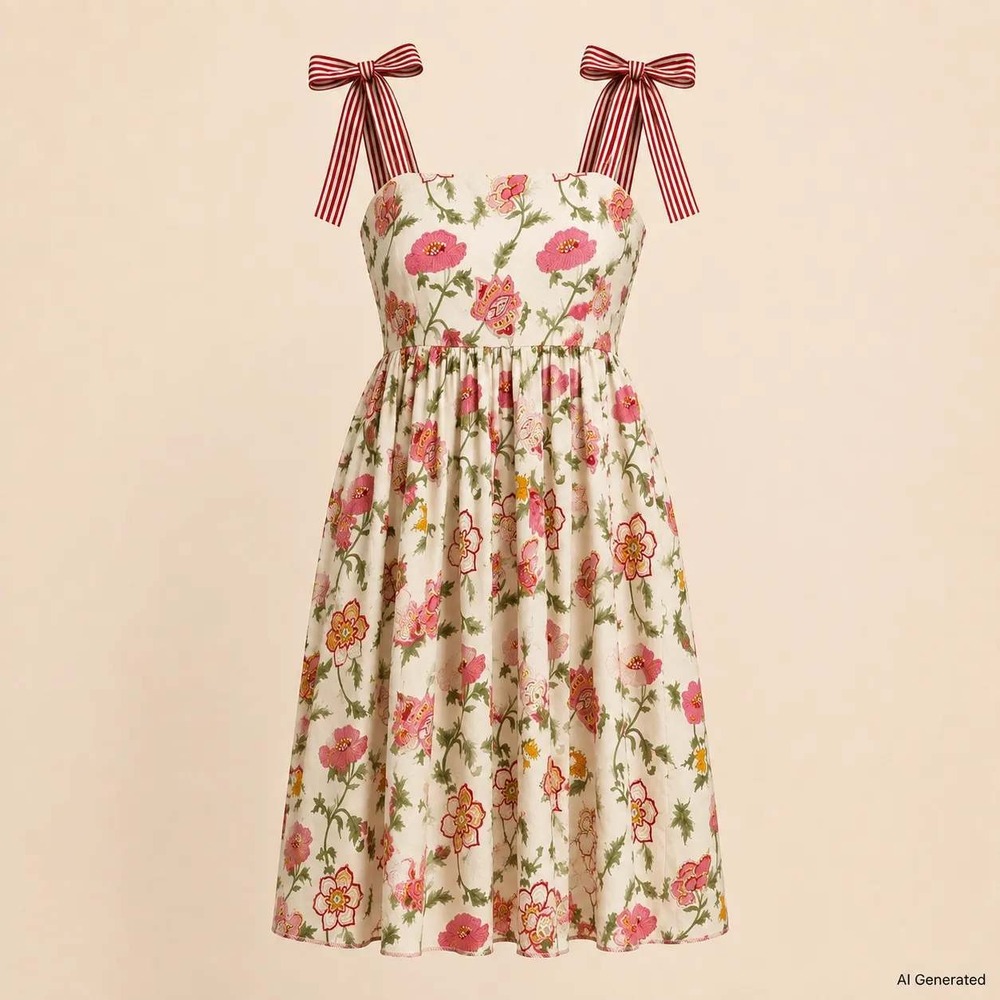 Le Bazar Coastal Floral Dress Women Medium White Pink Tie Strap Cottagecore